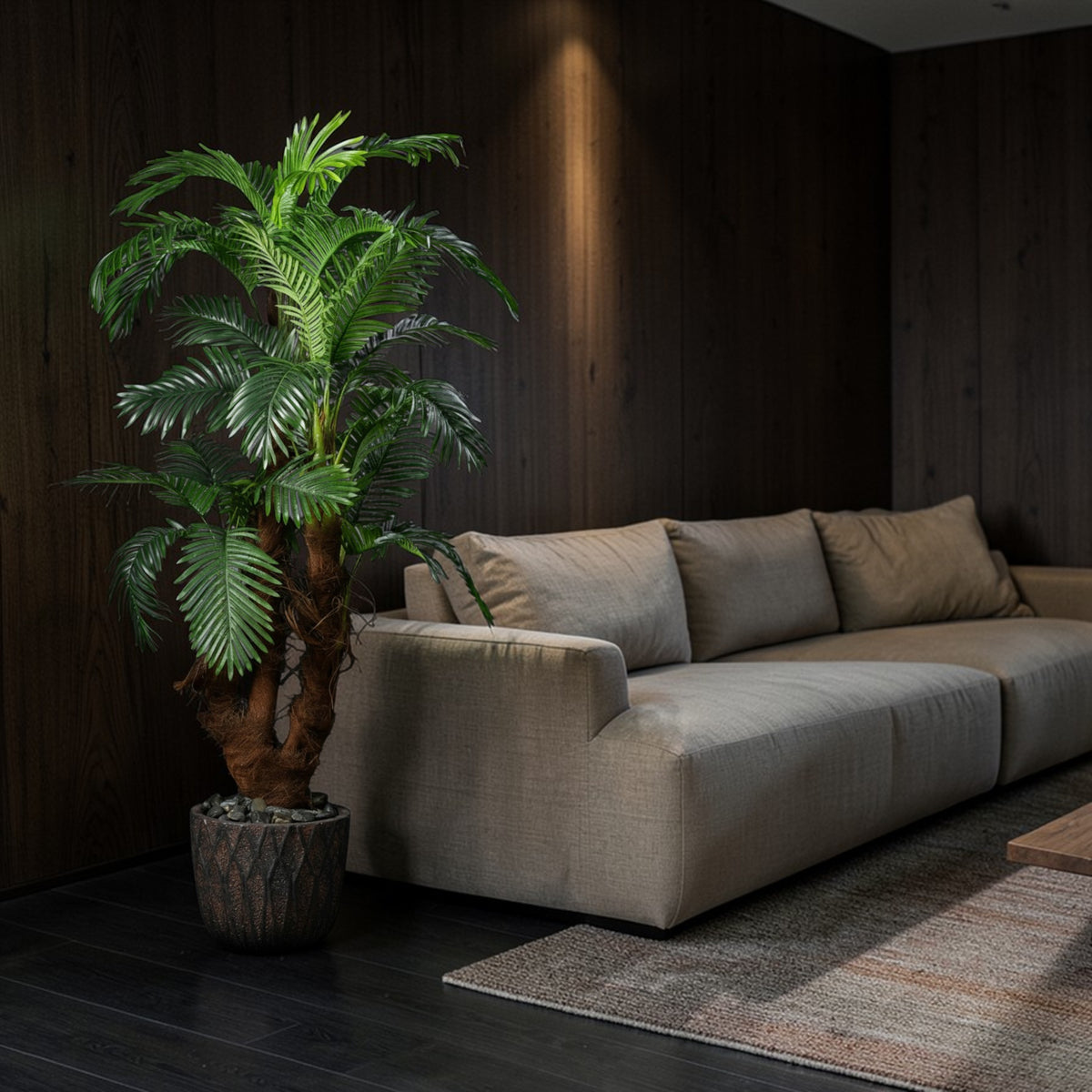 Palmier Coco 5 troncs en mise en scène salon — plante artificielle idéal pour décoration intérieure moderne