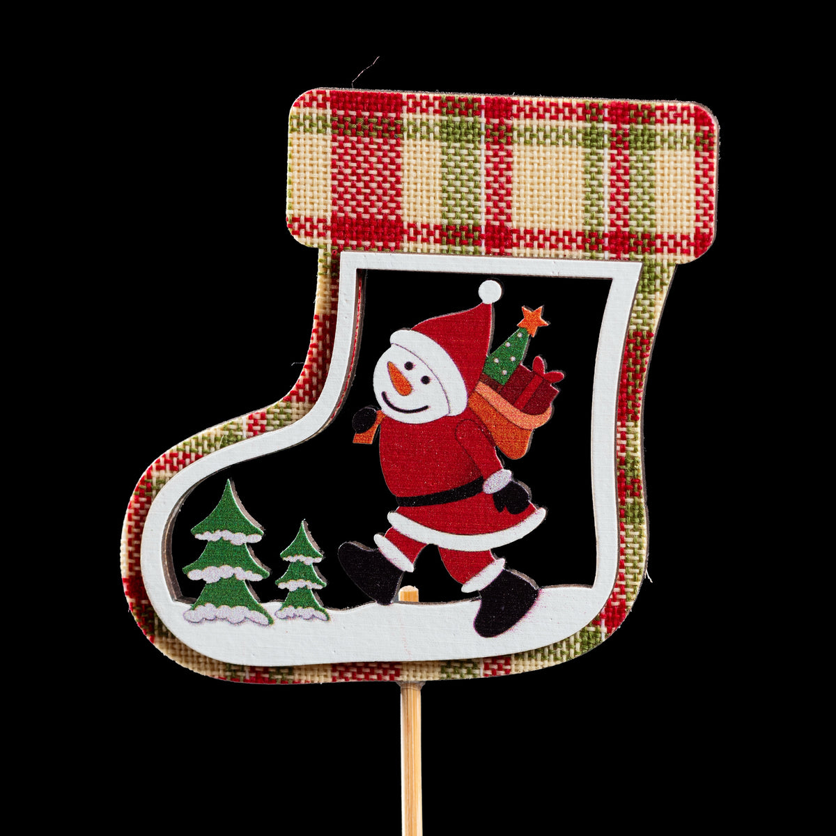 Pic de Noël en bois botte à carreaux 7 cm, bonhomme de neige en Père Noël et sapins