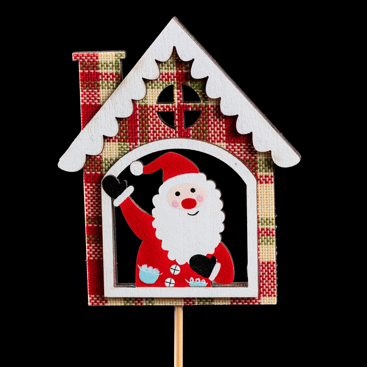 Pic de Noël en bois chalet à carreaux 7 cm, Père Noël qui salue à la fenêtre