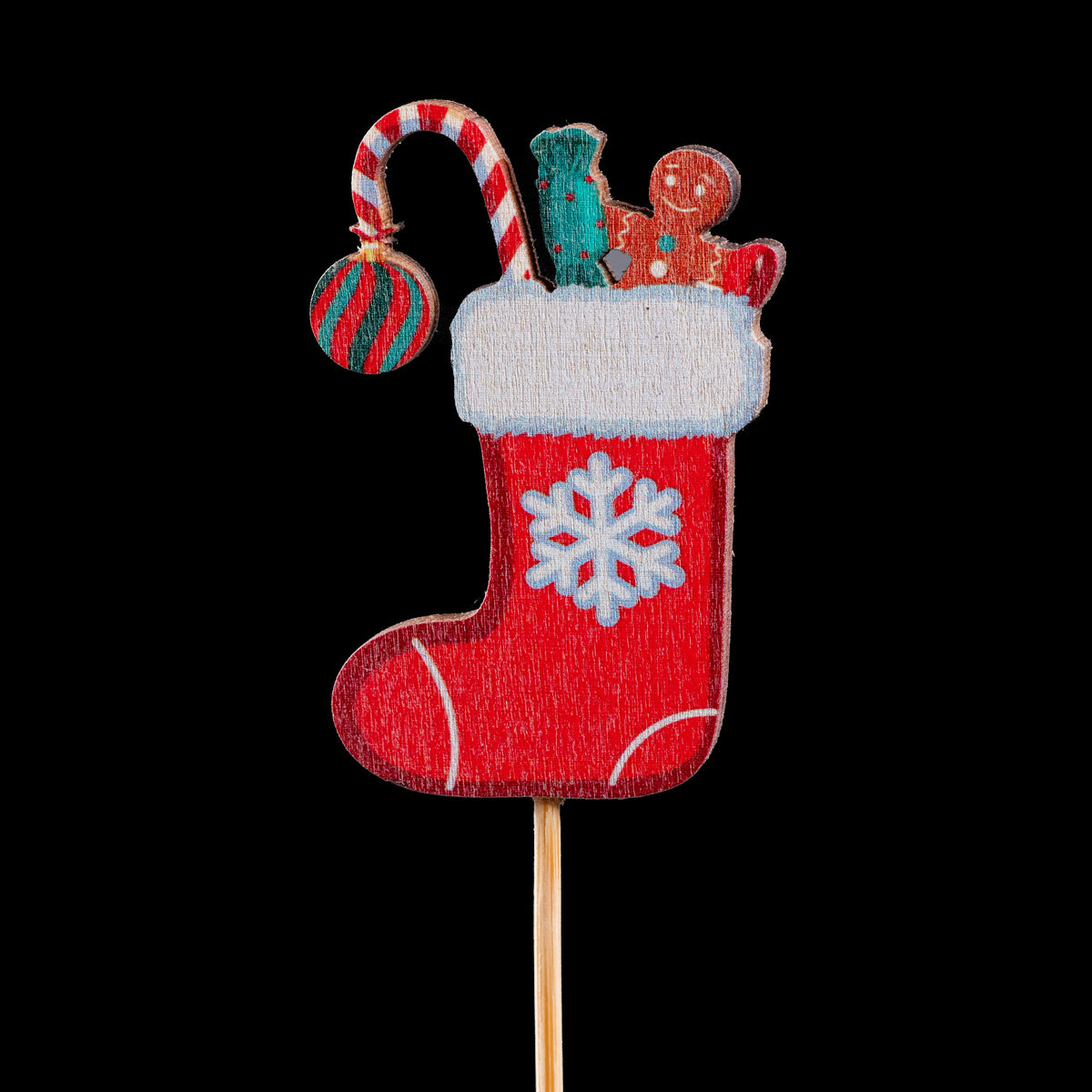 Pic de Noël en bois chaussette garnie 4 cm, rouge à flocon blanc avec sucre d’orge et pain d’épices