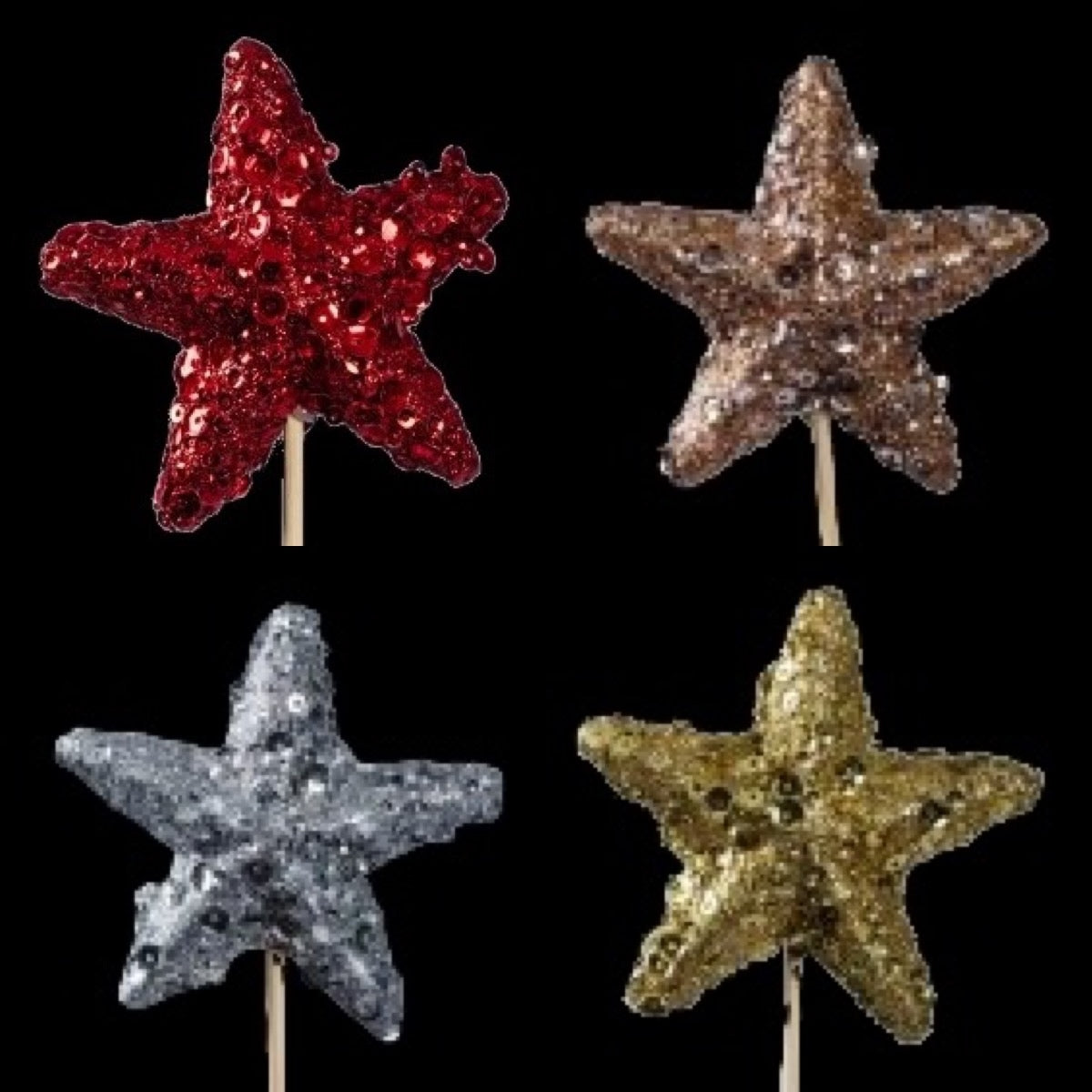 Pic de Noël en bois étoile pailletée 7 cm, les 4 coloris : rouge, cuivre, argent et or