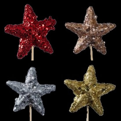 Pic de Noël en bois étoile pailletée 7 cm, les 4 coloris : rouge, cuivre, argent et or
