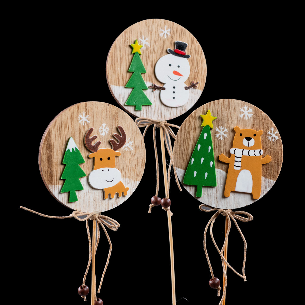 Pic de Noël en bois médaillon 8 cm, les 3 modèles : bonhomme de neige, renne et ours