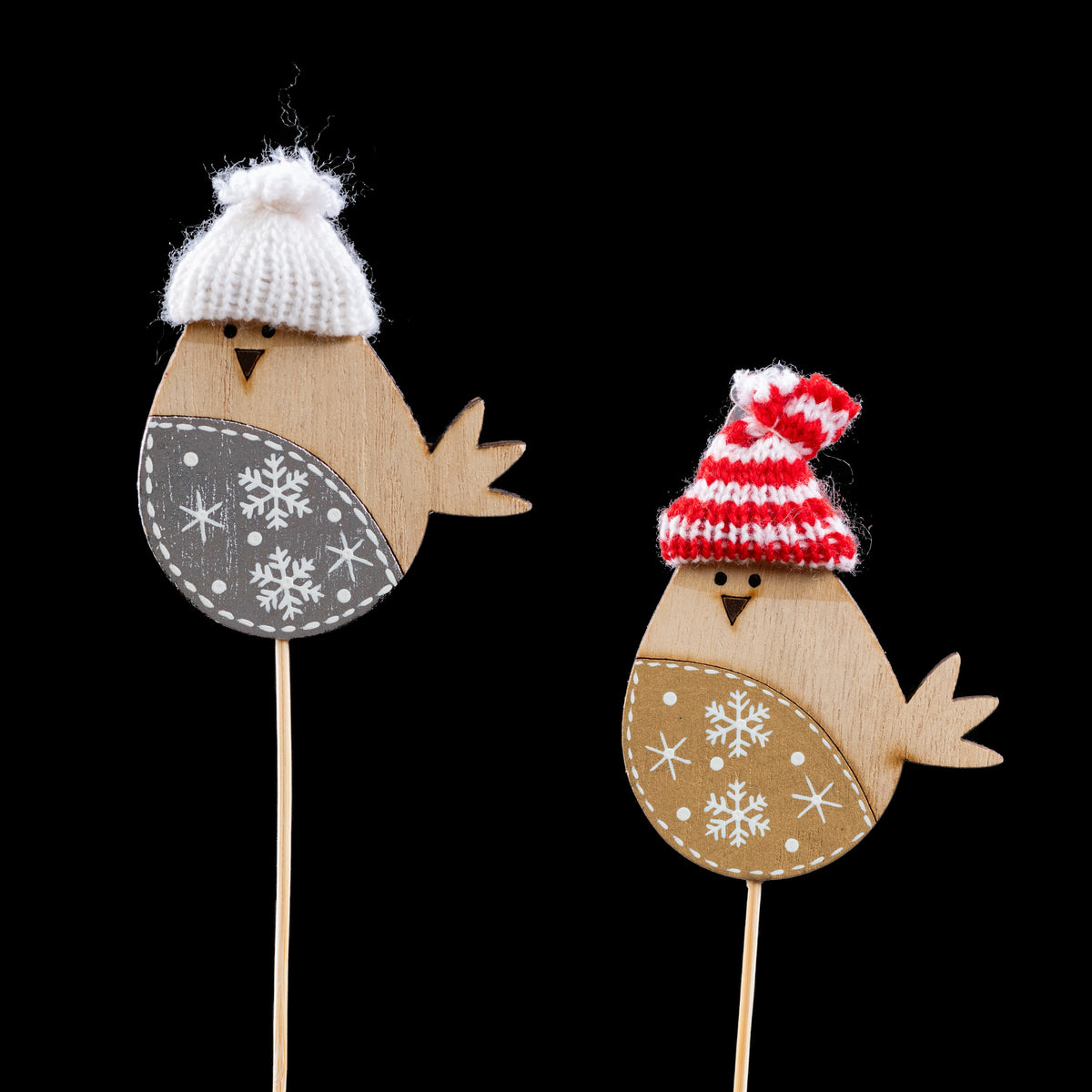 Pic de Noël en bois oiseau à bonnet 7 cm, bonnet blanc et ventre gris, bonnet rayé rouge et blanc
