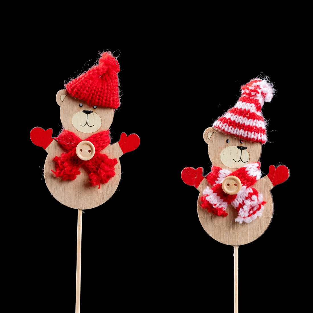 Pic de Noël en bois ourson 7 cm, les 2 modèles : bonnet rouge et bonnet rayé rouge et blanc