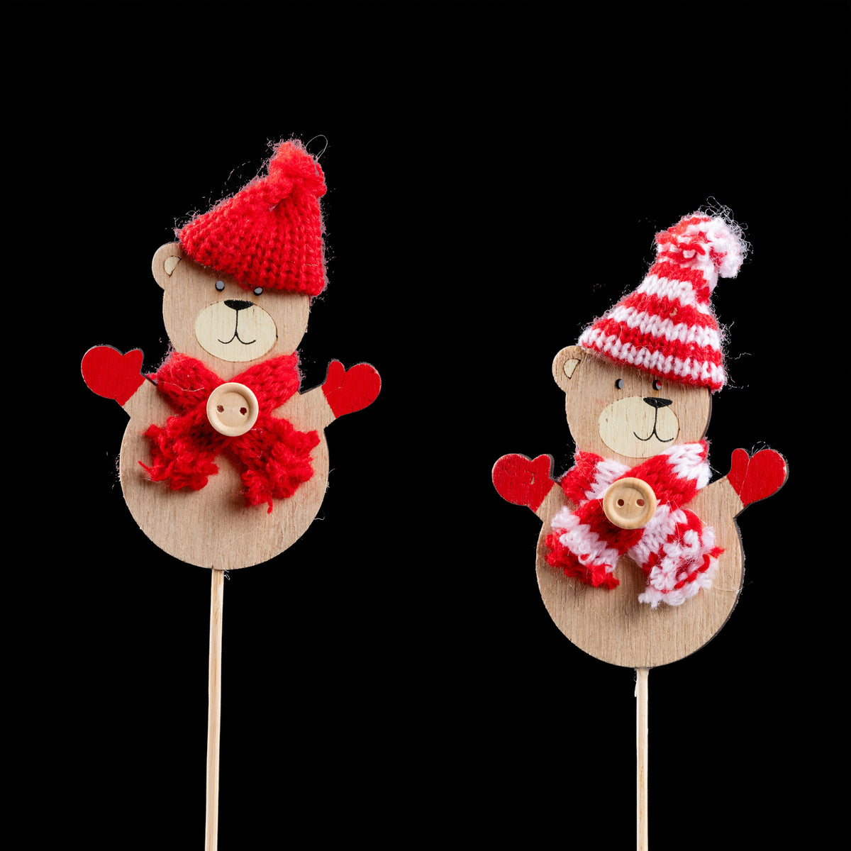 Pic de Noël en bois ourson 7 cm, les 2 modèles : bonnet rouge et bonnet rayé rouge et blanc