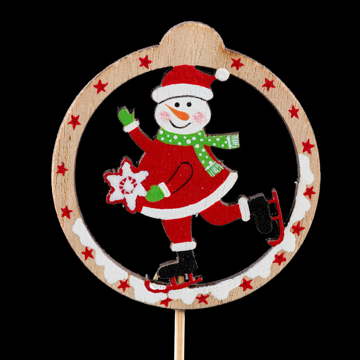 Pic de Noël en bois patineur 7 cm, bonhomme de neige en costume rouge sur ses patins