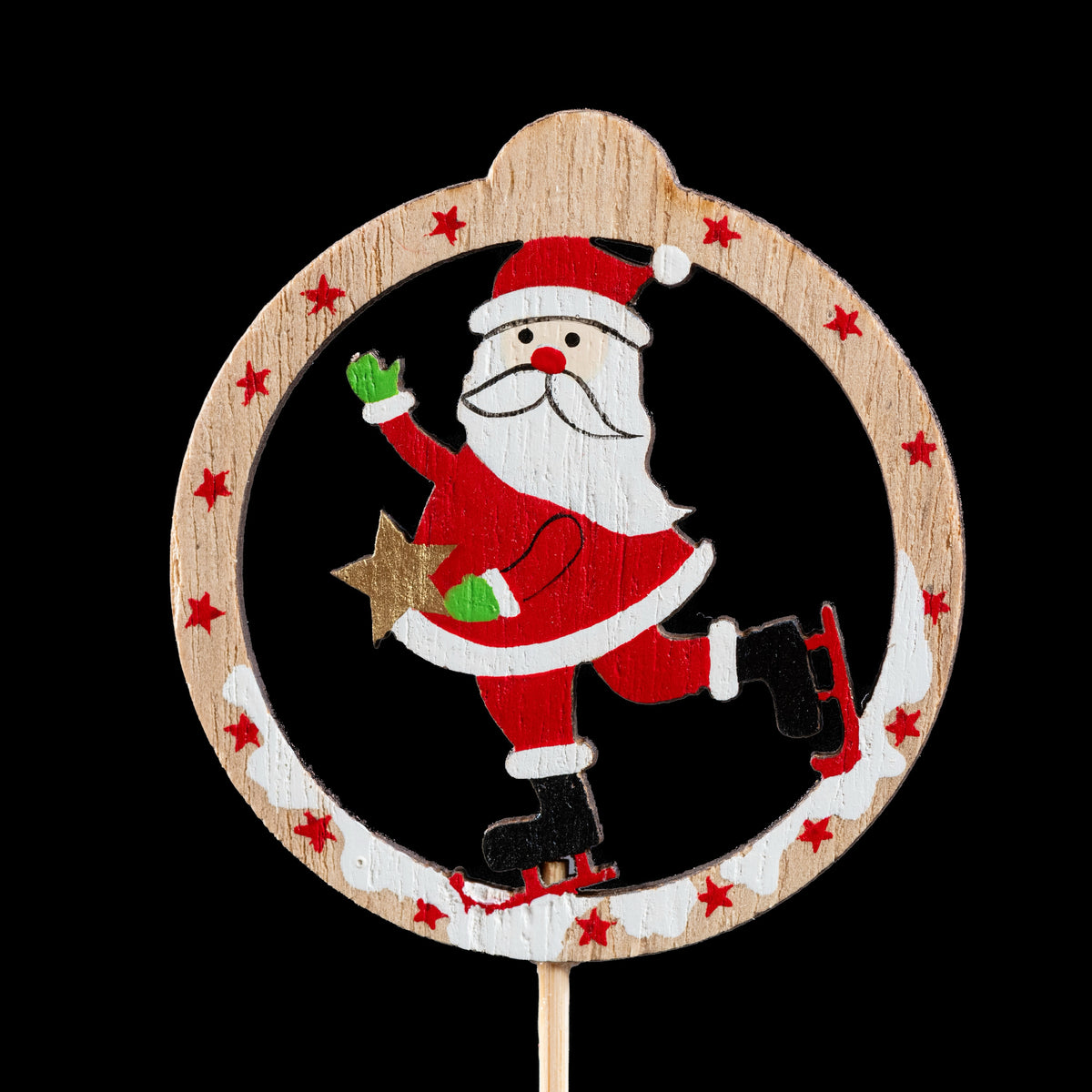 Pic de Noël en bois patineur 7 cm, Père Noël sur ses patins avec une étoile dorée