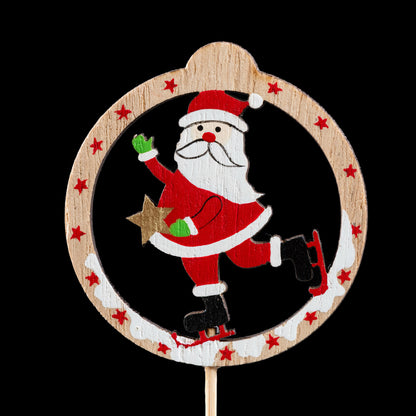 Pic de Noël en bois patineur 7 cm, Père Noël sur ses patins avec une étoile dorée