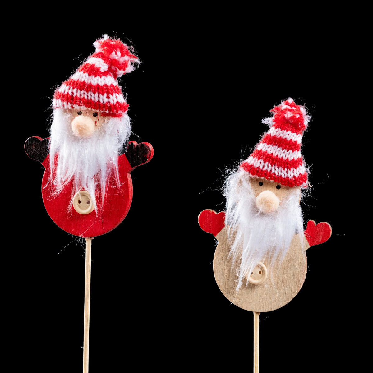 Pic de Noël en bois Père Noël barbu 7 cm, les 2 modèles : corps rouge et bois naturel