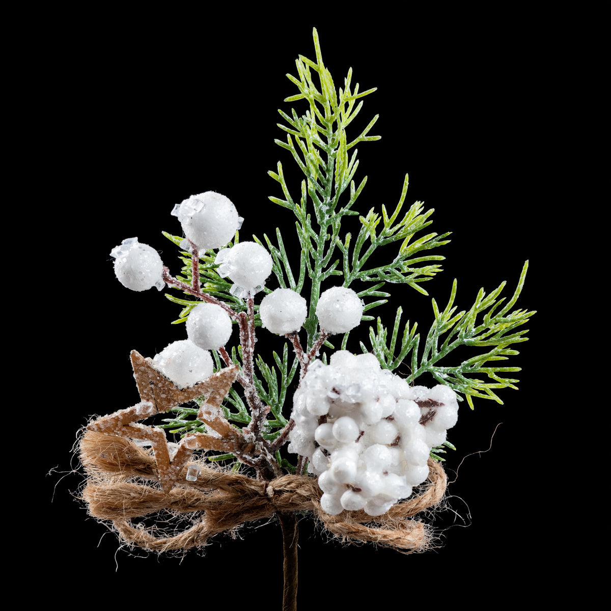 Pic de Noël artificiel givré 11 cm : sapin, baies blanches, pomme de pin blanche, étoile et nœud de jute