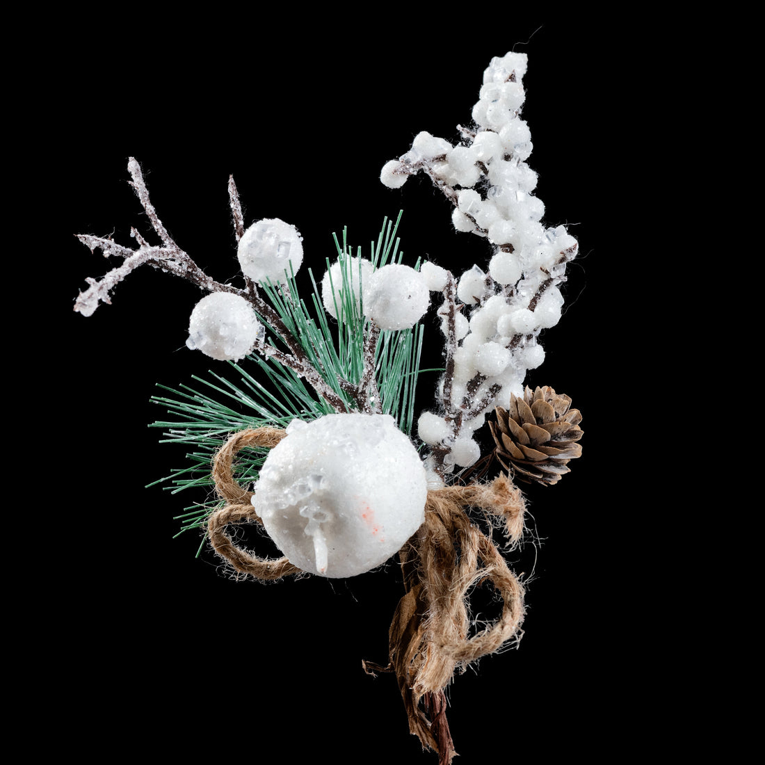 Pic de Noël artificiel givré 10 cm : pomme et baies blanches, aiguilles de pin, pomme de pin et jute