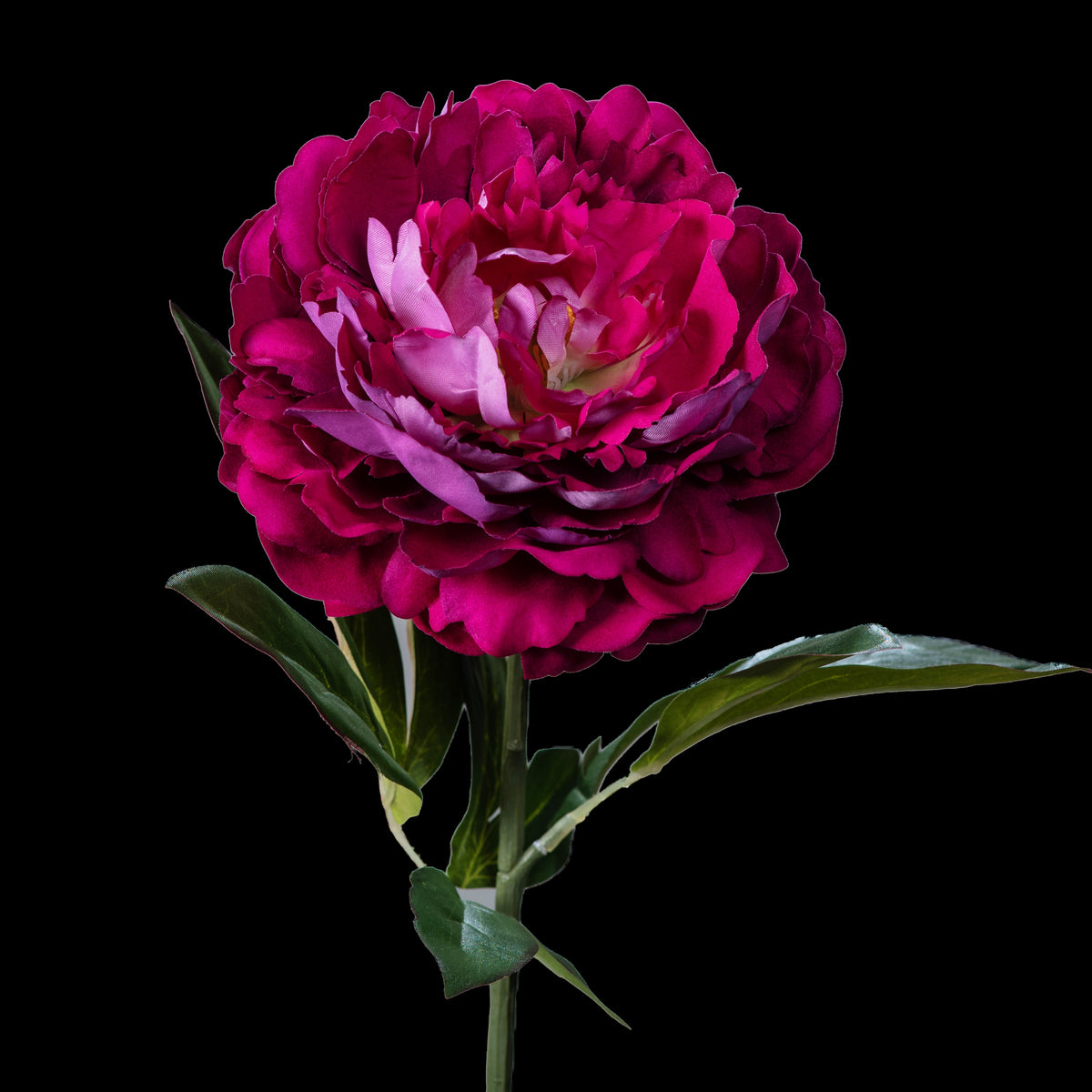 Pivoine artificielle en velours pourpre 77 cm, fleur double sur tige feuillée
