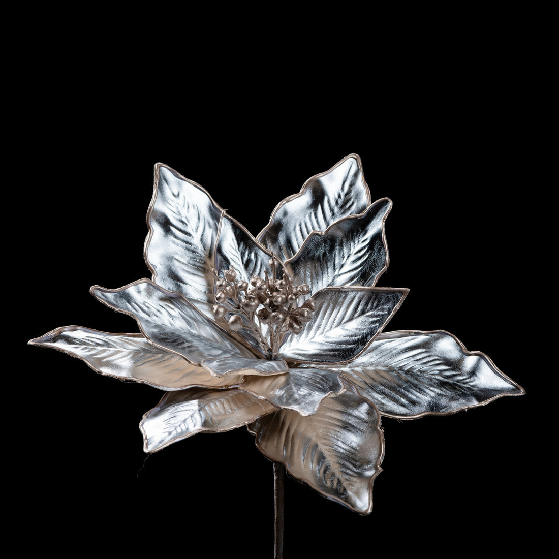 Étoile de Noël artificielle argentée métallisée (poinsettia) 77 cm, fleur ouverte au cœur argenté