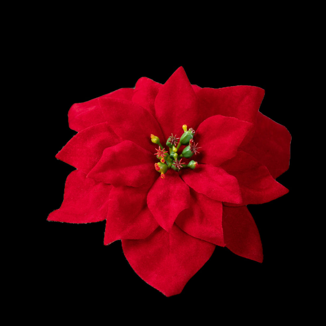 Étoile de Noël artificielle rouge sur clip 5 cm, vue de face de la fleur