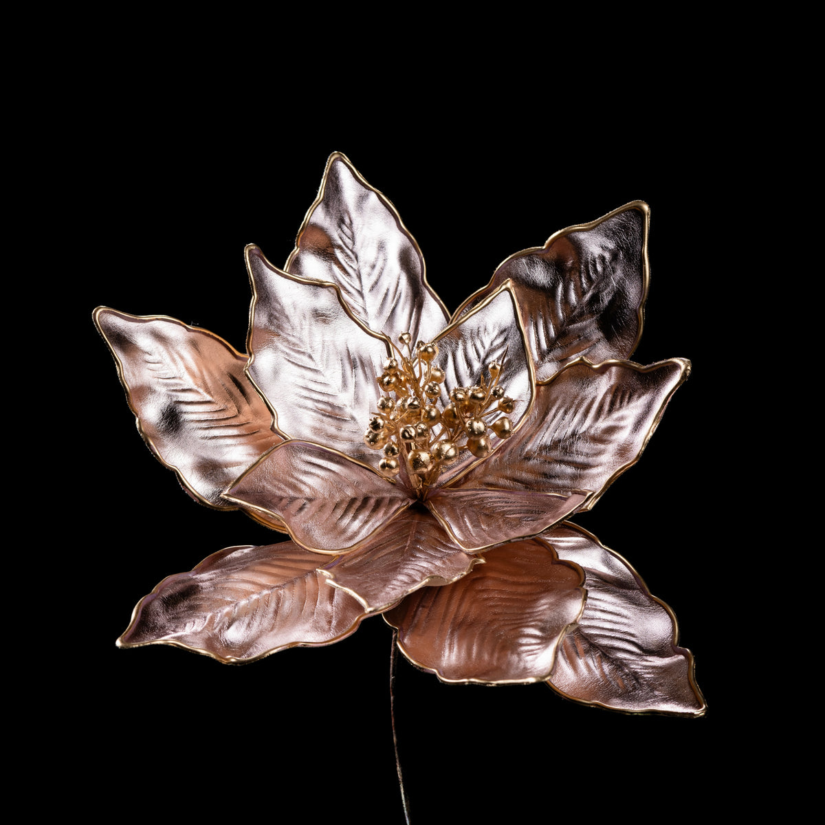 Étoile de Noël artificielle rose et or métallisée (poinsettia) 77 cm, fleur ouverte au cœur doré