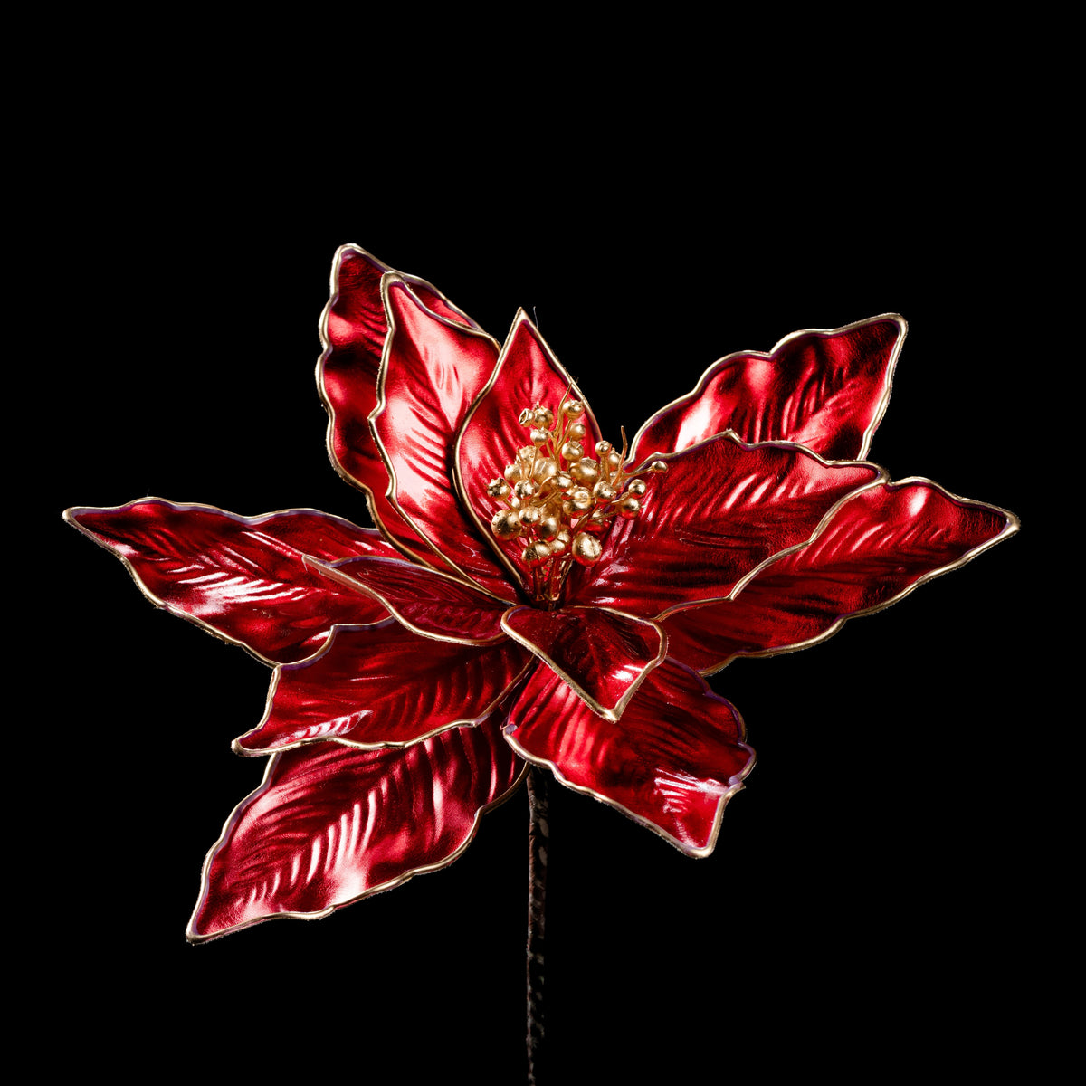 Étoile de Noël artificielle rouge liseré doré (poinsettia) 77 cm, fleur ouverte au cœur doré