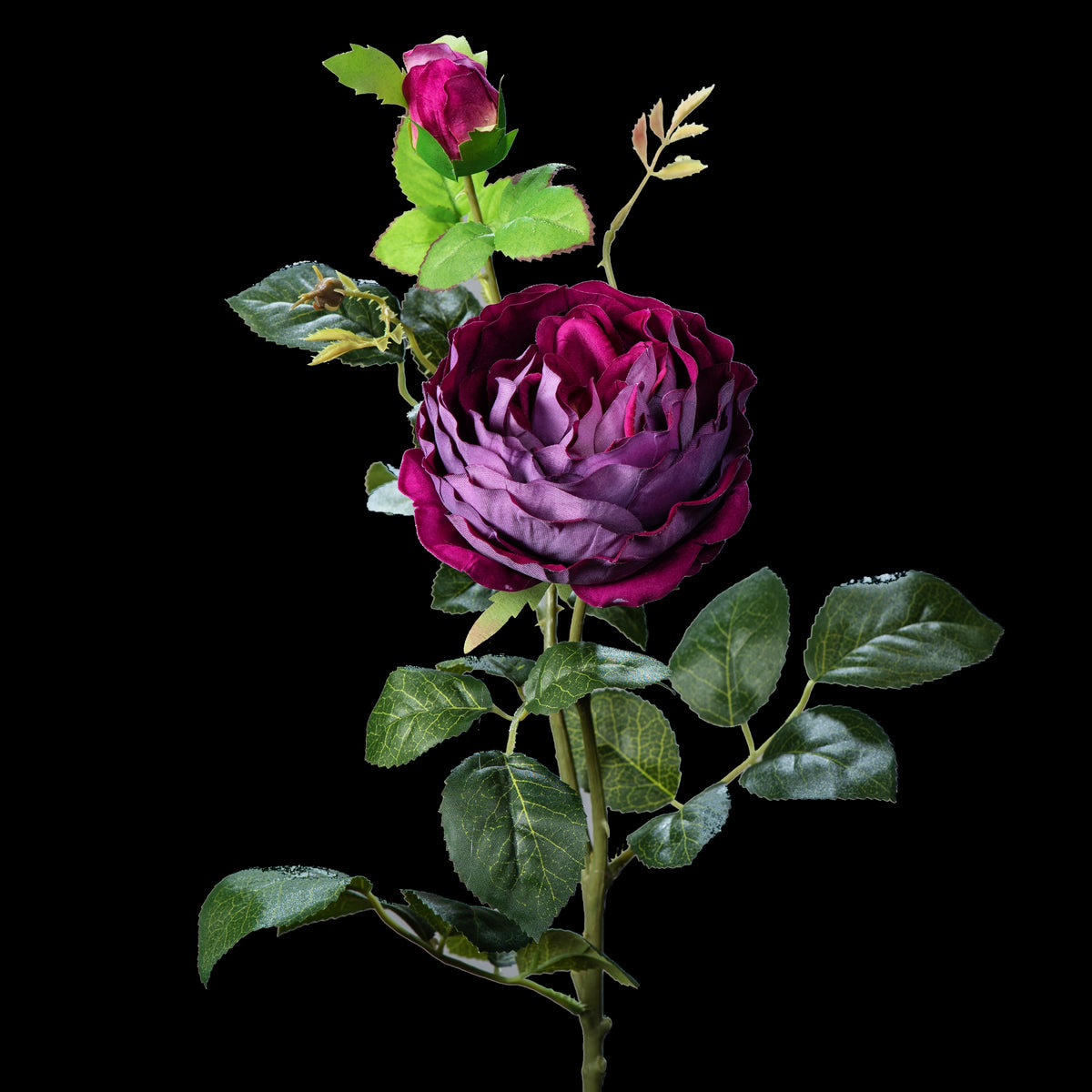 Rose artificielle en velours pourpre 78 cm avec bouton, tige entière et feuillage