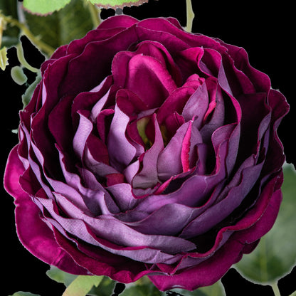 Rose artificielle en velours pourpre 78 cm, gros plan sur la fleur aux pétales prune et mauves