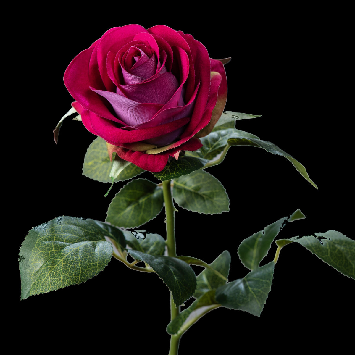 Rose artificielle en velours pourpre mi-ouverte 64 cm, fleur sur tige feuillue