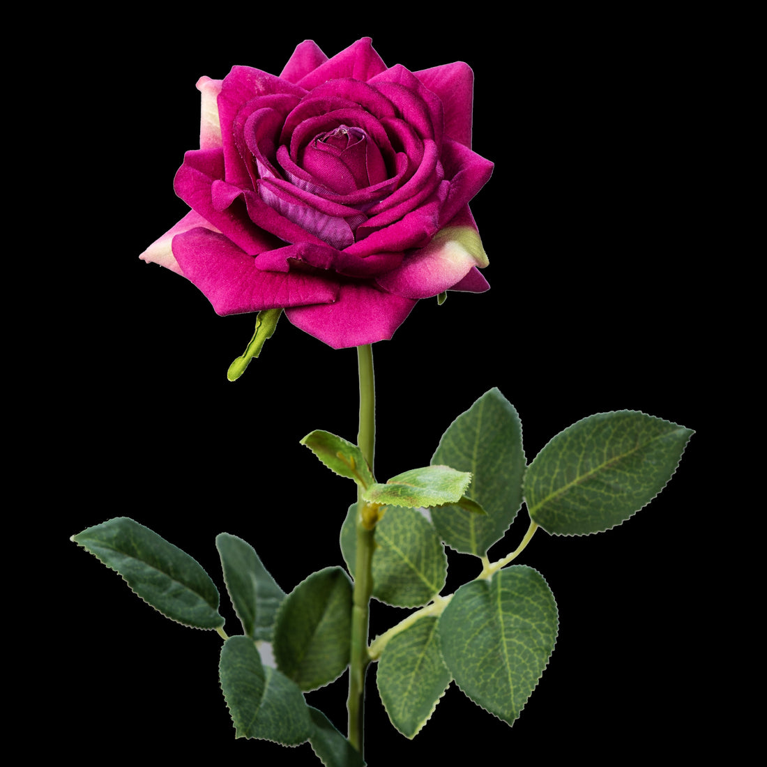 Rose artificielle en velours pourpre 58 cm, fleur ouverte sur tige très feuillue