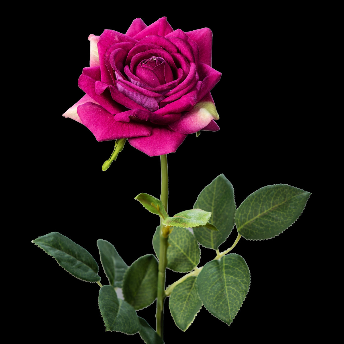 Rose artificielle en velours pourpre 58 cm, fleur ouverte sur tige très feuillue