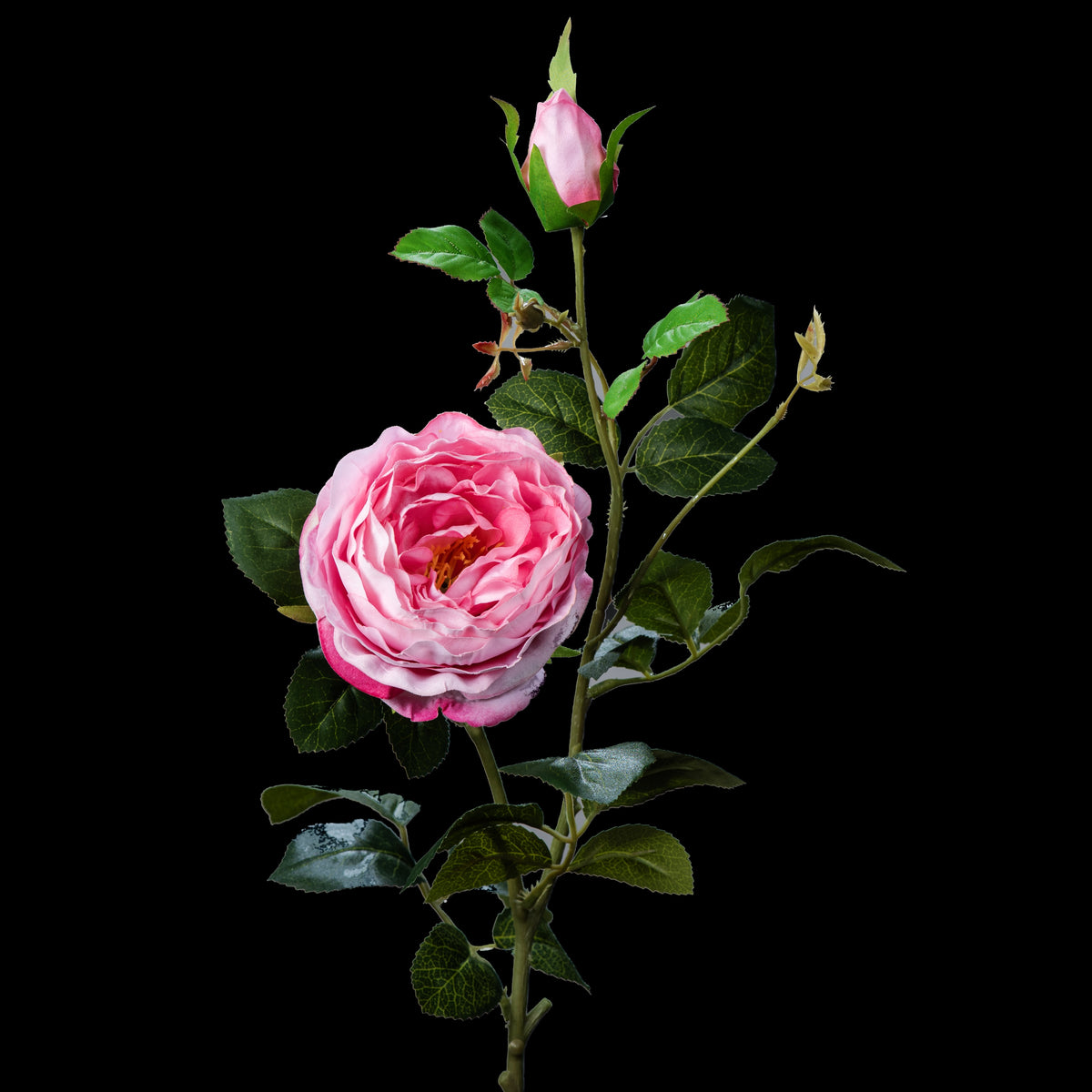 Rose artificielle en velours rose 78 cm avec bouton, tige entière et feuillage