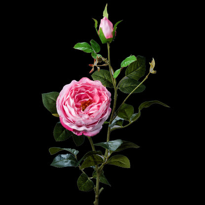 Rose artificielle en velours rose 78 cm avec bouton, tige entière et feuillage