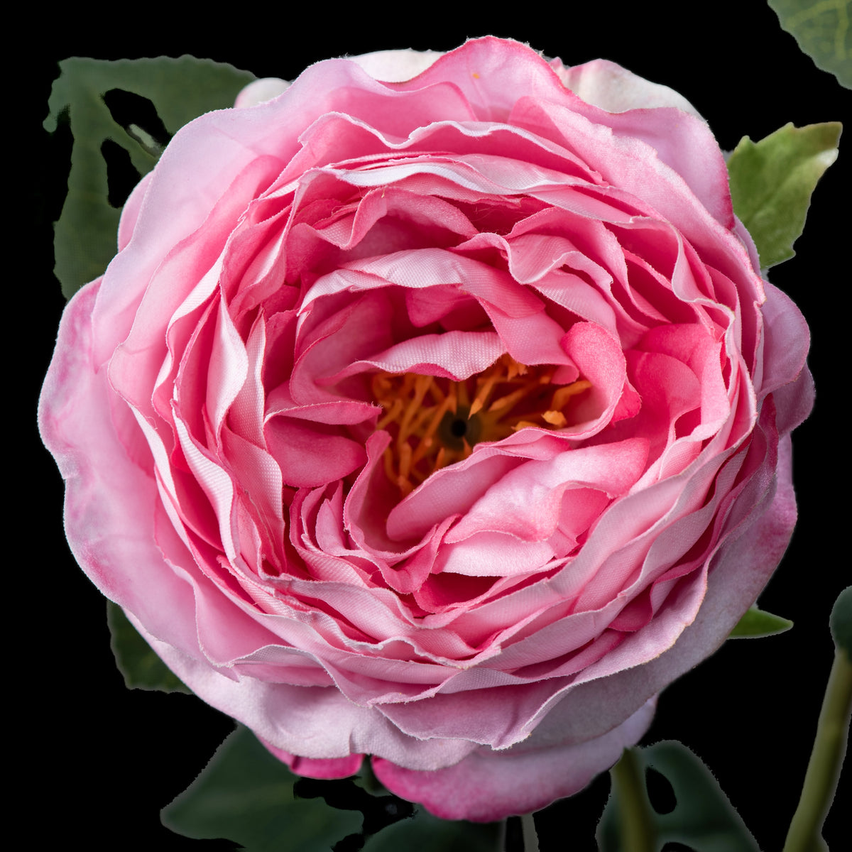 Rose artificielle en velours rose 78 cm, gros plan sur la fleur en coupe et ses étamines