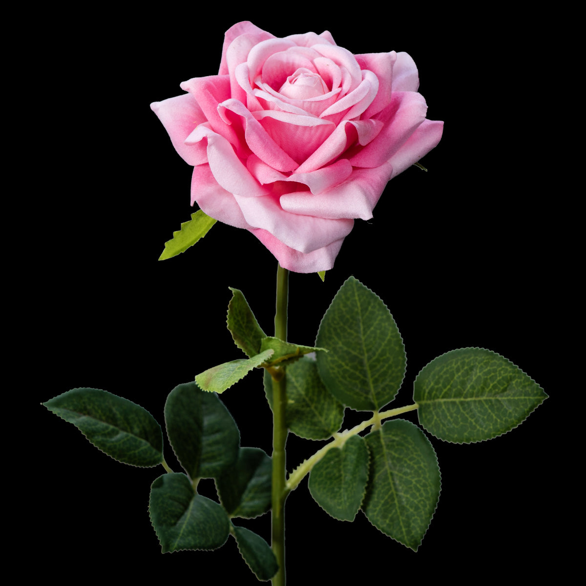 Rose artificielle en velours rose 58 cm, fleur ouverte et feuillage dentelé