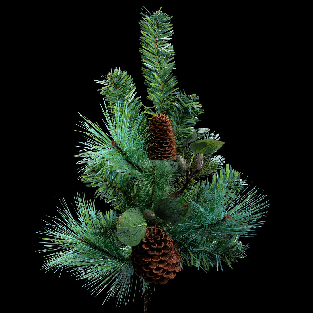 Branche de sapin de Noël artificielle 60 cm avec deux pommes de pin, vue entière